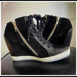 Black Leather and Suede Wedge Sneaker Heels Women's Size 37
